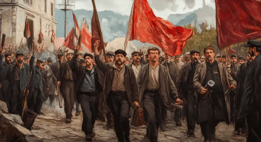 Manifestación de obreros con banderas rojas, evocando el bienio radical cedista. Hombres con gorras y ropas oscuras marchan con determinación.