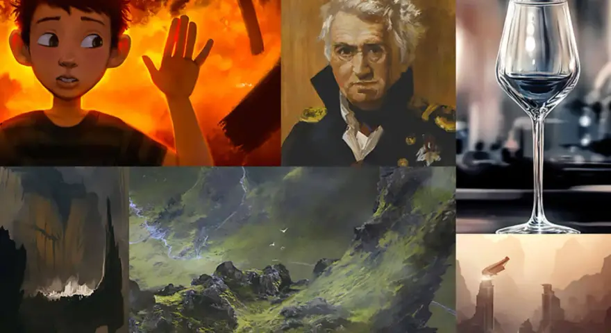 Collage d'œuvres de formation digital painting : un garçon effrayé, un portrait d'amiral, un verre, un paysage montagneux, et des ruines futuristes.