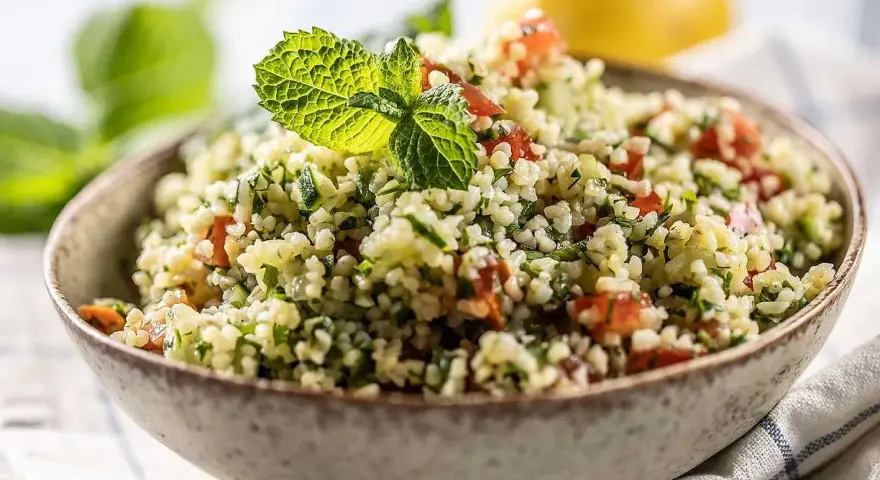En skål med färgglad tabbouleh, en sallad där man kan koka bulgur med tomat, persilja och mynta.