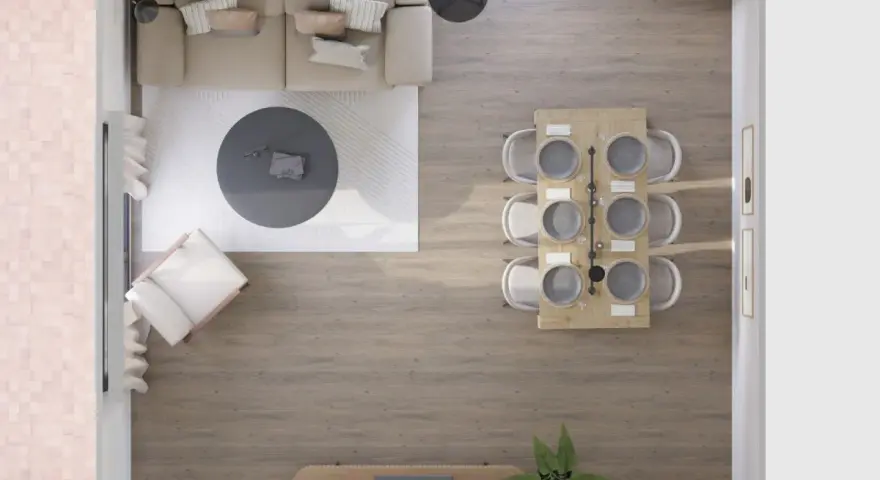 Distribución salón comedor rectangular: sofá, mesa de centro, sillón, mesa de comedor con seis sillas y mueble de TV.