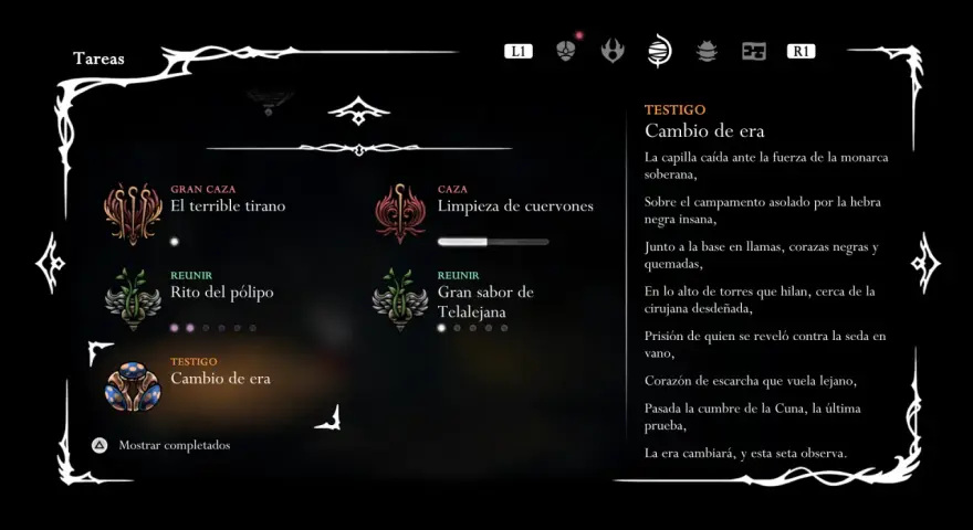 Menú de tareas de Hollow Knight. Se muestra la entrada "TESTIGO: Cambio de era", con un icono de hongo y texto poético.
