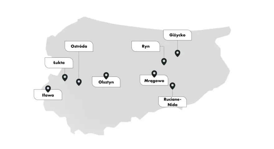 Mapa z zaznaczonymi mazury miasta: Ostróda, Łukta, Iława, Olsztyn, Ryn, Giżycko, Mrągowo, Ruciane-Nida.