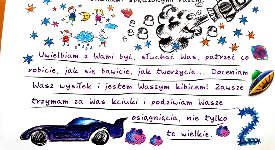 List do dziecka wzór: rysunki dzieci, rakieta, samochód i gwiazdki. Kocham Was!