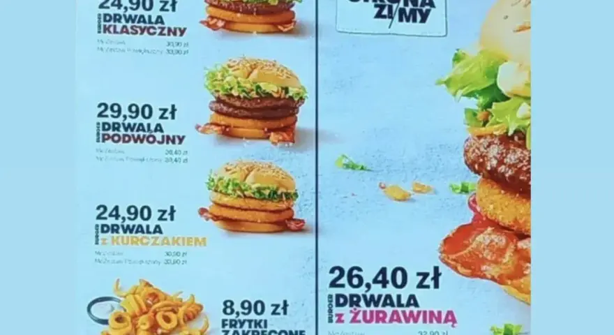 Menu KFC z burgerami Drwala. Nie ma informacji, ile kalorii ma zinger z KFC.