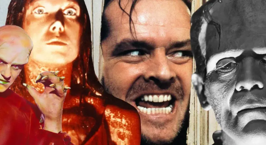 Icone del **film horror ospedale psichiatrico**: Jack Nicholson, Frankenstein e altre figure terrificanti.