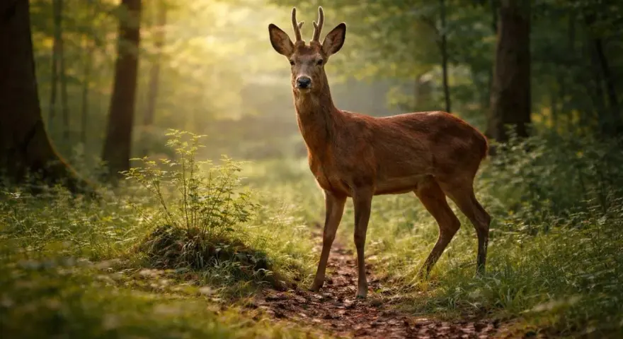 Un jeune cerf, membre de la famille du chevreuil, se tient sur un sentier forestier baigné de soleil.