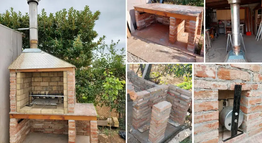 Dettagli di un barbecue fai da te in costruzione: mattoni, cappa, griglia e camino.