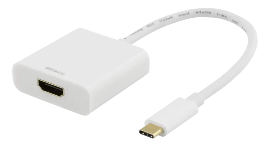 En vit Deltaco-adapter med en micro usb till hdmi-kontakt. Perfekt för att koppla din enhet till en större skärm.