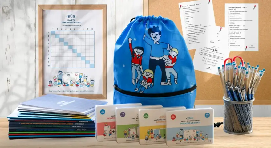 Wyprawka szkolna lista: gry edukacyjne, worek na buty, zeszyty i przybory plastyczne. Idealne do nauki tabliczki mnożenia.