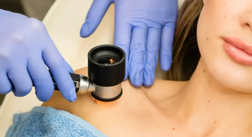 Dermatolog w niebieskich rękawiczkach wykonuje wideodermatoskopię znamion na szyi pacjentki.