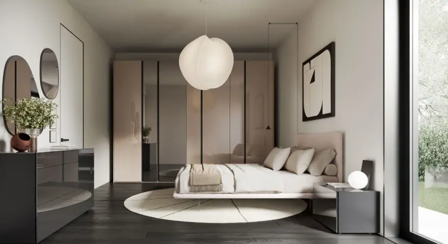 Camera da letto con letto rosa, armadi a specchio e comò grigio. Un'ispirazione per arredare casa moderna elegante con stile e raffinatezza.