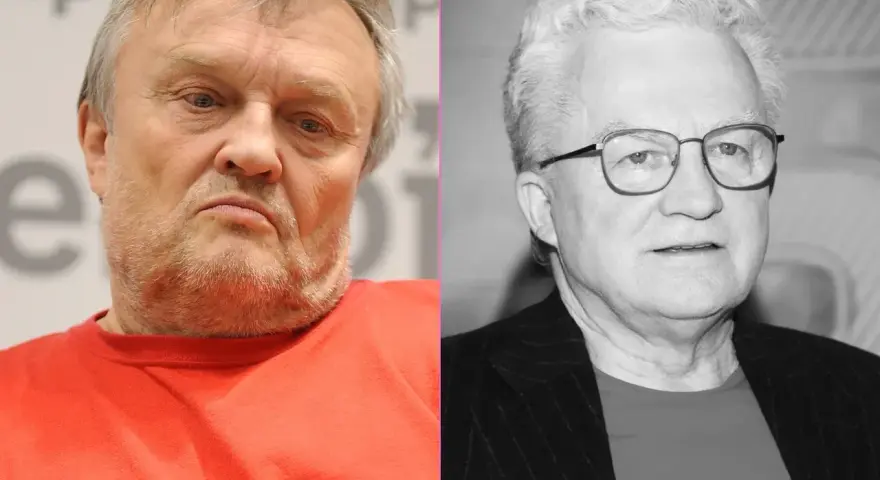 Dwa portrety mężczyzn. Po lewej w kolorze, w czerwonej bluzce. Po prawej czarno-biały, w okularach. Krzysztof Cugowski nie żyje.