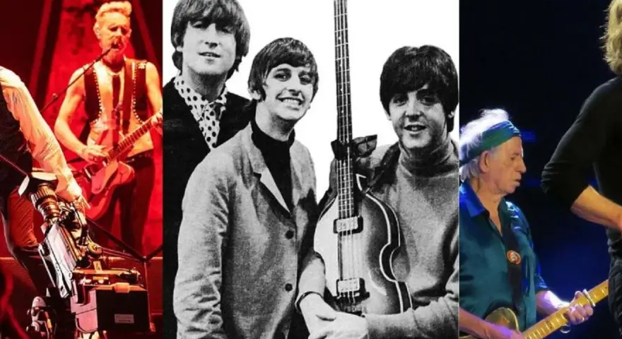 The Beatles i The Rolling Stones, dwa najsłynniejsze brytyjskie zespoły muzyczne, na kolażu zdjęć.