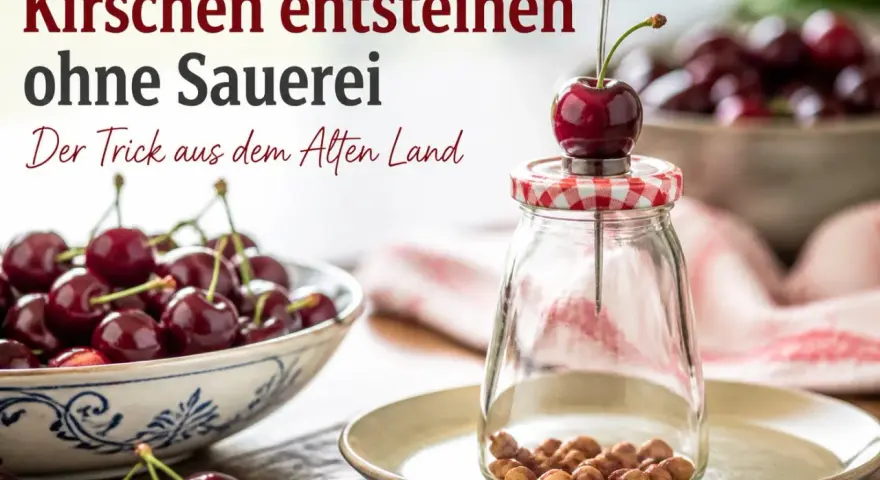 Kirschen entkernen ohne Sauerei: Ein Trick aus dem Alten Land zeigt, wie es geht. Ein Kirschkernentkerner drückt den Kern durch die Frucht in ein Glas.