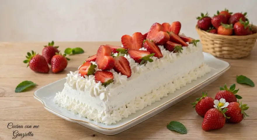 Delizioso rotolo panna e fragole, ricoperto di panna montata e fragole fresche, con fragole in un cestino sullo sfondo.