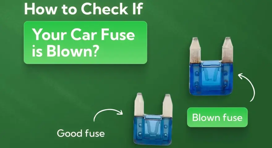 A good car fuse is shown next to a blown fuse, illustrating how to identify a blown fuse.