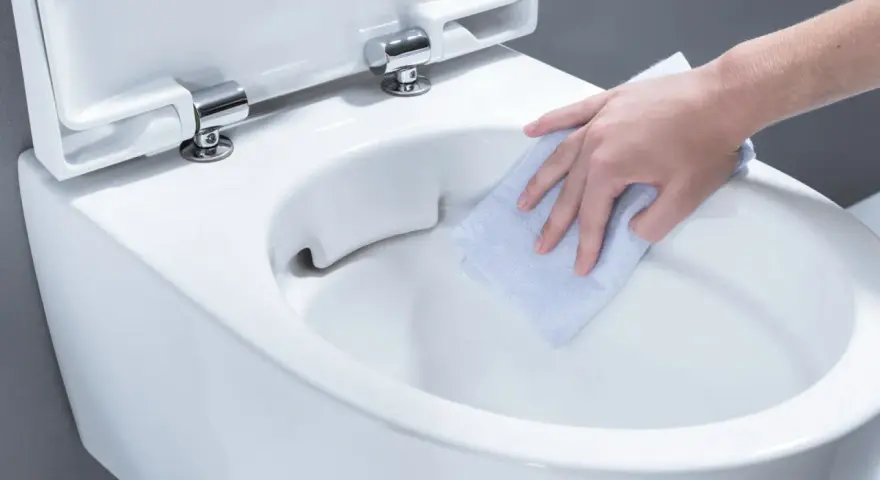 En hand torkar rent en toalettstol. Det syns inga spår av kalk i toaletten tack vare den noggranna rengöringen.
