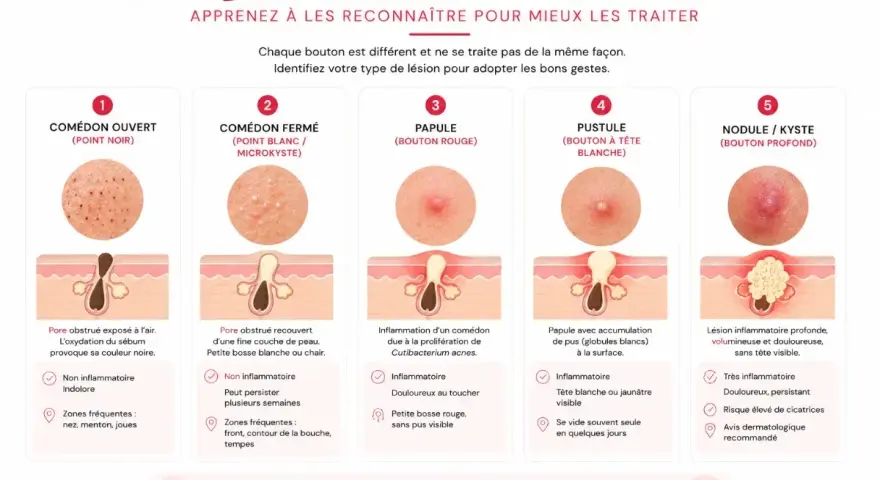 Les 5 types de boutons : comédon, papule, pustule, nodule/kyste. Apprenez à les reconnaître pour mieux les traiter et savoir comment enlever l'acné en une nuit.