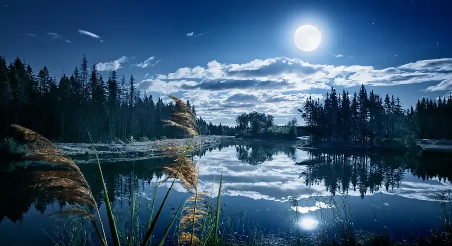 Paysage nocturne féerique, lac paisible reflétant la lune et les nuages. Une retouche photo paysage Photoshop qui sublime la nature.