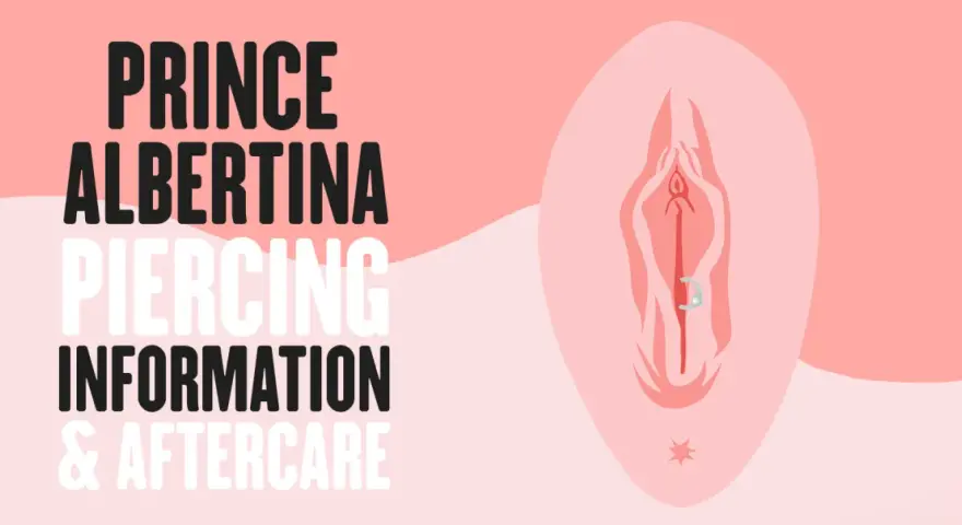 Grafika z napisem "Prince Albertina Piercing Information & Aftercare" i schematycznym przedstawieniem piercingu.