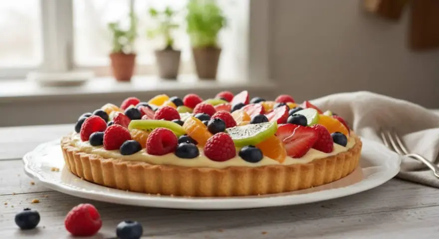 Una deliziosa crostata di frutta, con fragole, kiwi, mirtilli e lamponi, su una base dorata e crema pasticcera.