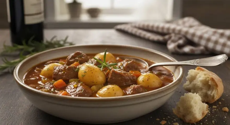 Un invitante spezzatino di manzo con patate e carote in una ciotola, accompagnato da pane fresco e un bicchiere di vino.