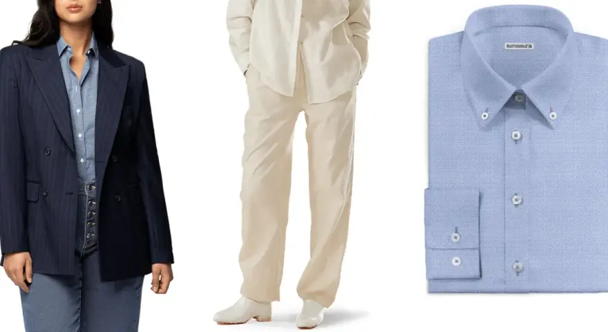 Traje a rayas azul marino, conjunto beige y camisa azul claro. La moda andrógina significa libertad de expresión.