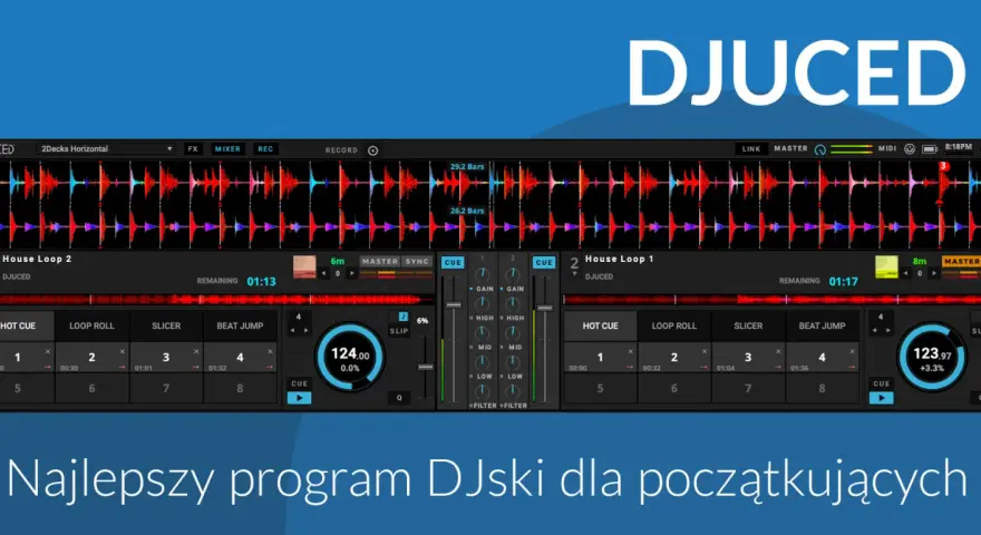 DJUCED - najlepszy program DJ dla początkujących. Interfejs z falami dźwięku, mikserem i kontrolkami do miksowania muzyki.