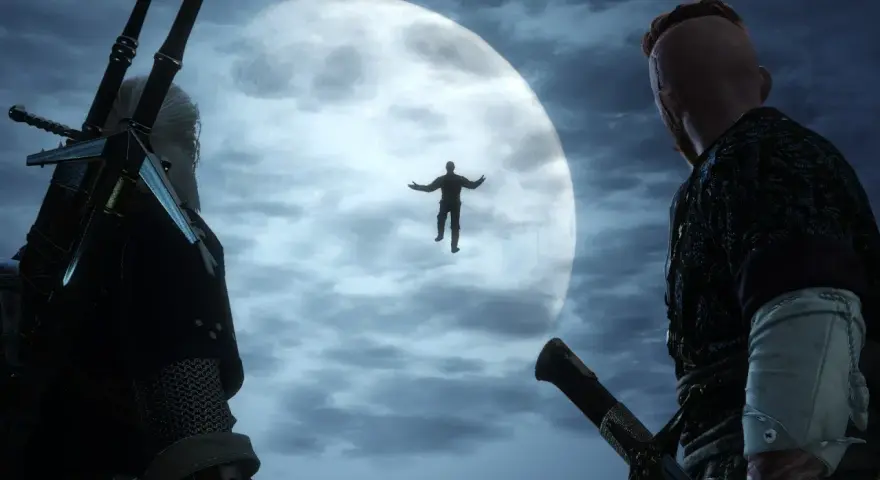Geralt i Vesemir patrzą na unoszącą się postać na tle księżyca. Czy to ten, kto sieje wiatr w Wiedźmin 3?