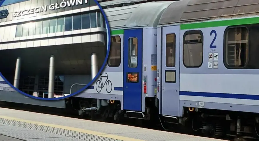 Pociąg PKP Intercity z oznaczeniem eic 8100 na tle dworca Szczecin Główny.