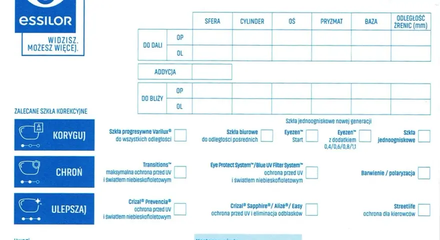 Formularz recepty na okulary z polami do wpisania parametrów SPH, CYL, AXIS i innymi.