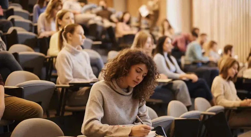 Junge Frau mit Locken schreibt konzentriert in ein Notizbuch, während sie an ihrem Erasmus Studium teilnimmt.