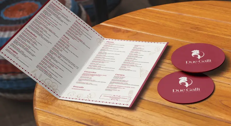 Menú de restaurante "Due Galli" para crear carta de restaurante. Incluye entrantes, ensaladas, pasta, pizzas, focaccias, carnes y pescados.