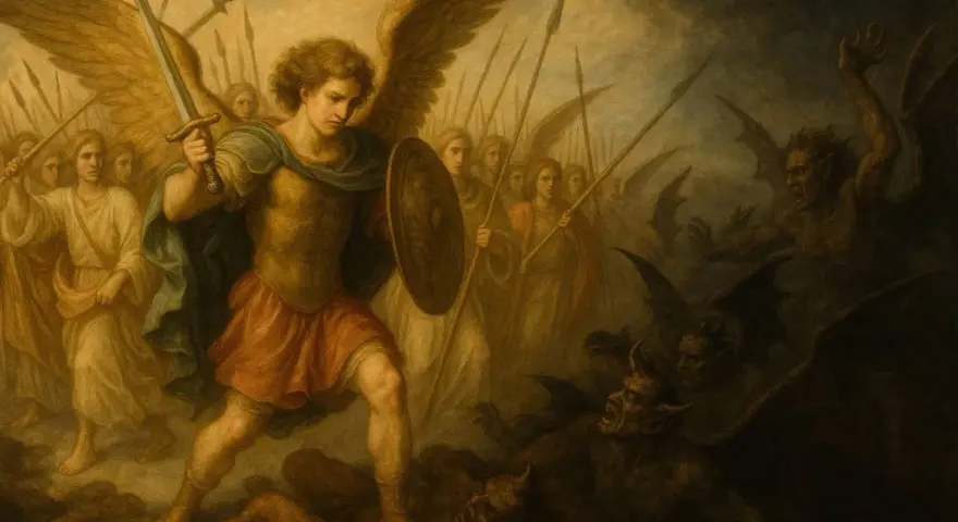 Archanioł Michał z mieczem i tarczą walczy z demonami. Za nim anielska armia.