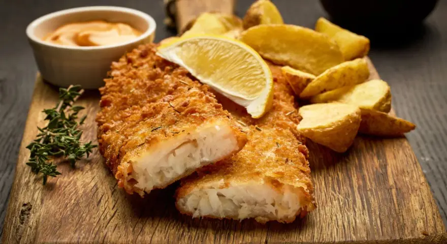 Krispigt panerad fisk med klyftpotatis och en citronskiva. Ett perfekt fisk recept för en god middag.