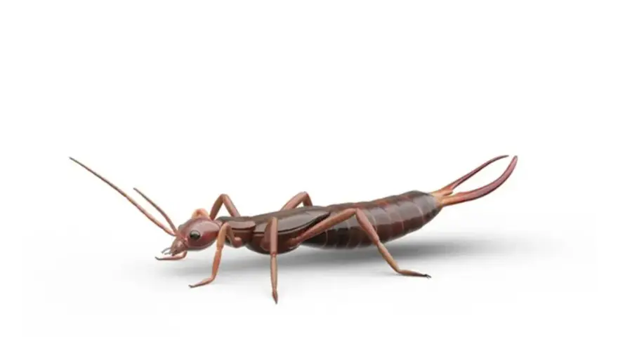 Un insecto tijereta de color marrón rojizo, con antenas largas y pinzas distintivas en su abdomen, se muestra en un fondo blanco.
