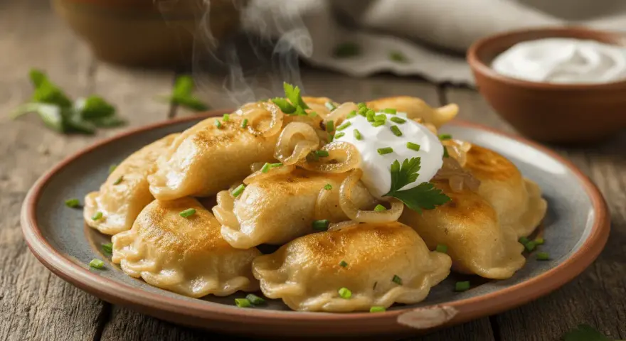Dampfende Pierogi Ruskie auf einem Teller, garniert mit Zwiebeln, Petersilie und einem Klecks Sauerrahm.