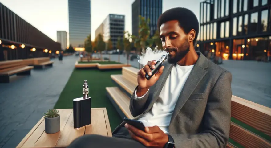 Hombre con traje vapea tranquilamente en un entorno urbano moderno, disfrutando de su mod vape.