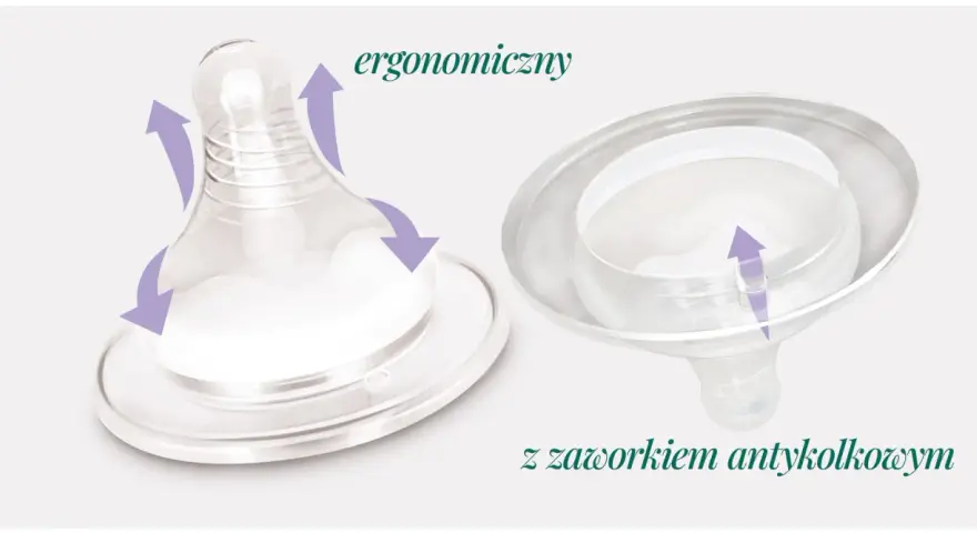 Ergonomiczny smoczek na butelkę z zaworkiem antykolkowym. Fioletowe strzałki pokazują ruch i przepływ powietrza.