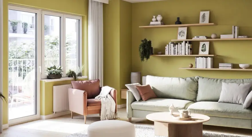 Jasnozielone kolory ścian inspiracje: przytulny salon z pastelową sofą, ceglastym fotelem i drewnianymi półkami pełnymi książek.