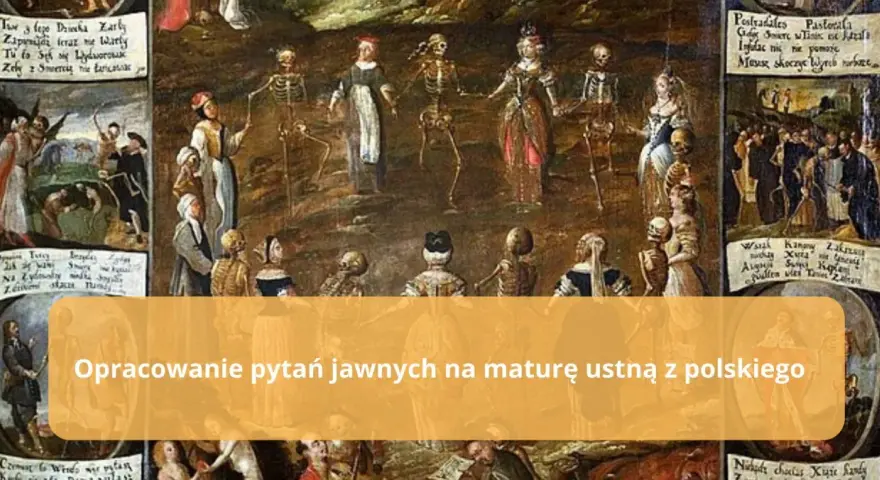 Obraz przedstawia motyw danse macabre, gdzie szkielety tańczą z ludźmi różnych stanów, przypominając o nieuchronności śmierci.