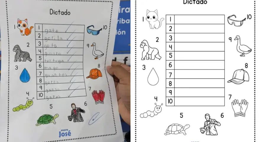 Hoja de dictados cortos con dibujos de animales y objetos. El niño completó la lista de palabras.