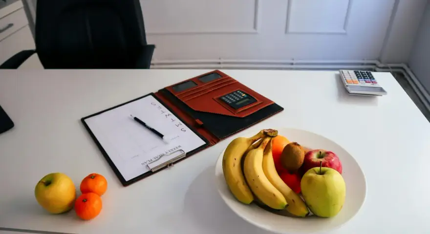 Planificador semanal con calculadora y fruta, ideal para organizar los horarios de camareros en restaurantes.