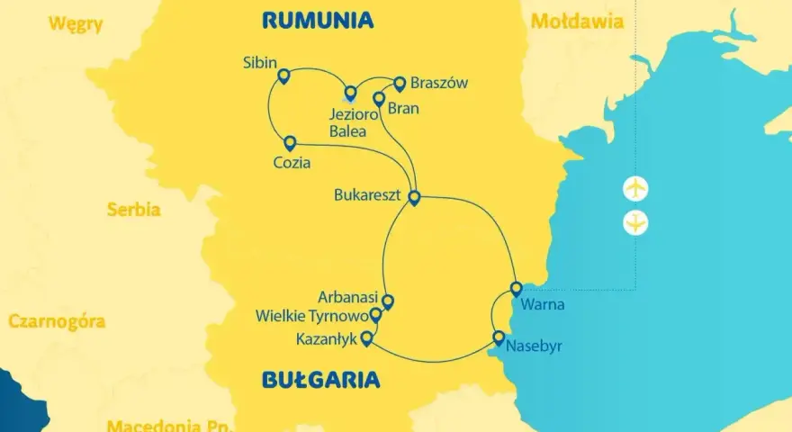 Mapa turystyczna Rumunii i Bułgarii z zaznaczonymi trasami przez góry i miasta. Widoczne lotniska na Morzu Czarnym.