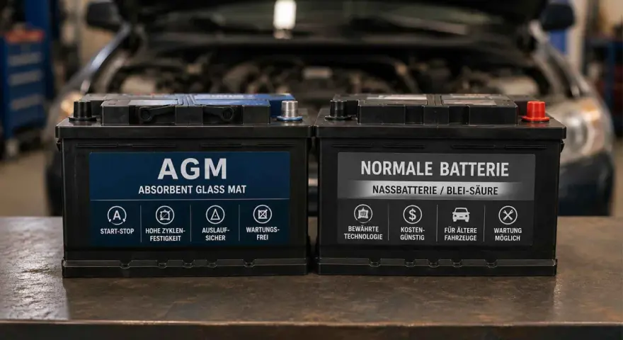 Zwei Autobatterie-Typen: AGM und normale Nassbatterie. Vergleiche ihre Eigenschaften für verschiedene Fahrzeuganforderungen.