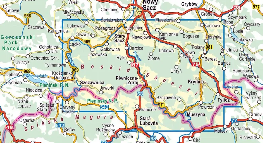 Mapa turystyczna **Beskidu Sądeckiego** z zaznaczonymi drogami, miejscowościami i parkami narodowymi.