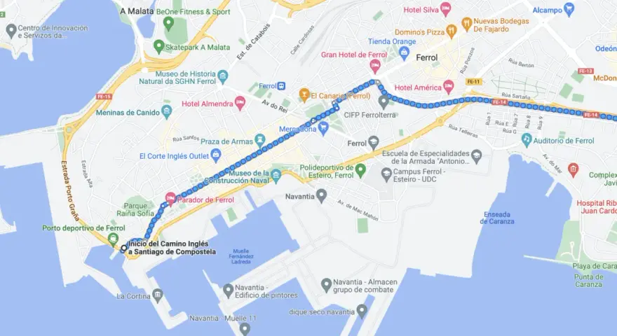Mapa de Ferrol con el inicio del Camino Inglés a Santiago de Compostela.