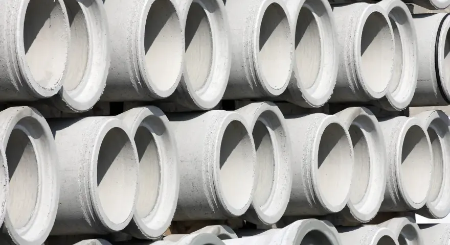 Stos betonu, rury kanalizacyjne 160 mm, gotowe do montażu z zachowaniem minimalny spadek dla rury 160.