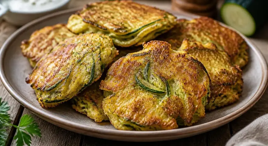 Goldbraune zucchini puffer auf einem Teller, mit Kräutern und einem Dip im Hintergrund.