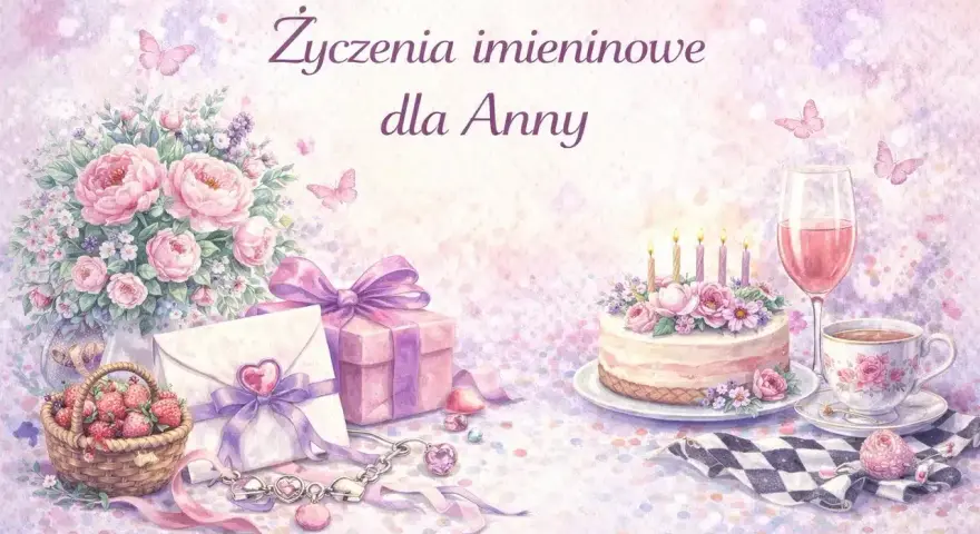 Urocze życzenia imieninowe dla Anny w lipcu. Bukiet róż, tort, prezenty i koszyk truskawek.